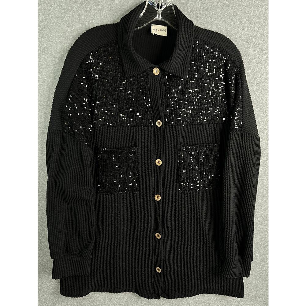 Lovely Melody XL Black Waffle Knit Sequin Button Front V-Neck Sweater USA
